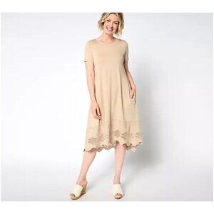 LOGO Lavish Lori Goldstein Knit Dress With Lace Hem Size S Sand Castle